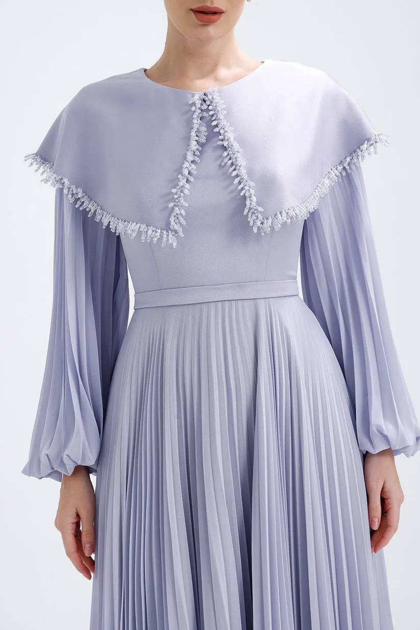 𝐒𝐀𝐌𝐀𝐍𝐓𝐇𝐀 Crepe Collar Embroidered Pleated Chiffon Hijab Evening Dress- T56734
