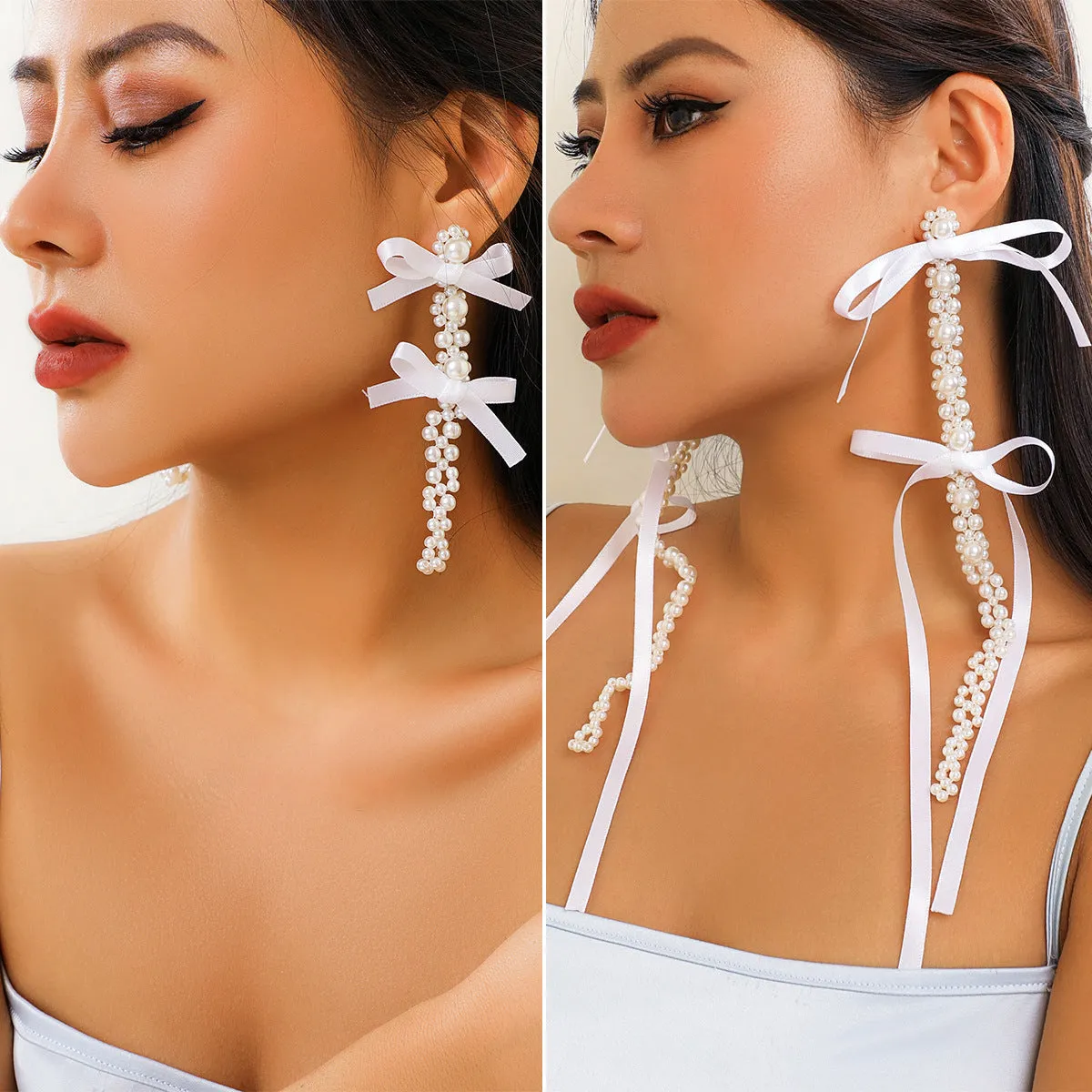 European and American Exaggerated Fabric Tassel Earrings Personalized Bow Ribbon Imitation Pearl Crystal Flowers Ear Studs Female Accessories